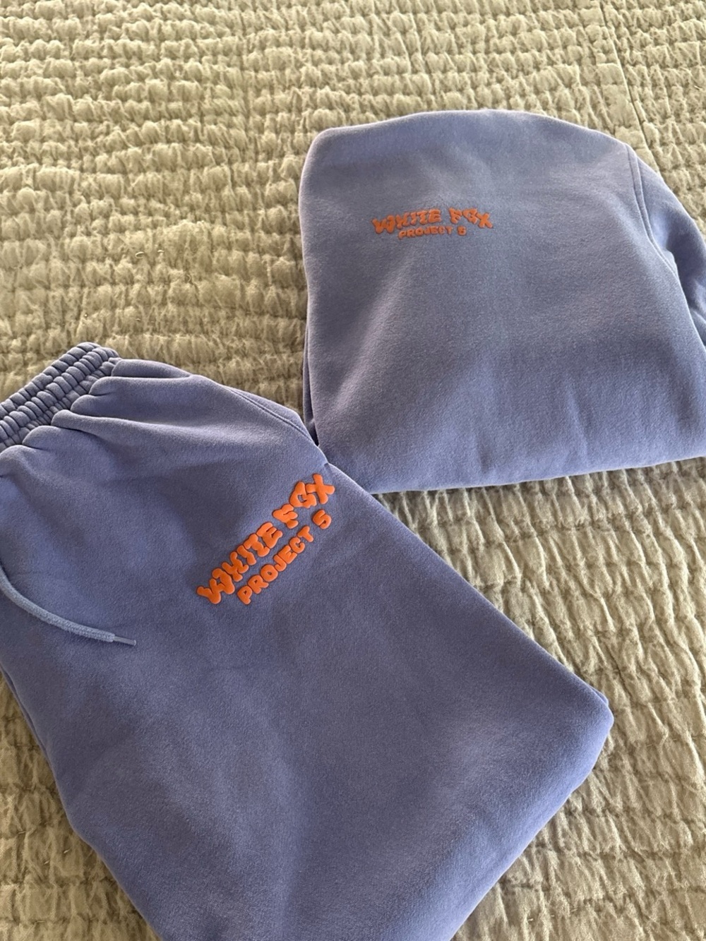 White Fox Boutique Lavender Track Pants with Orange Logo Embroidery